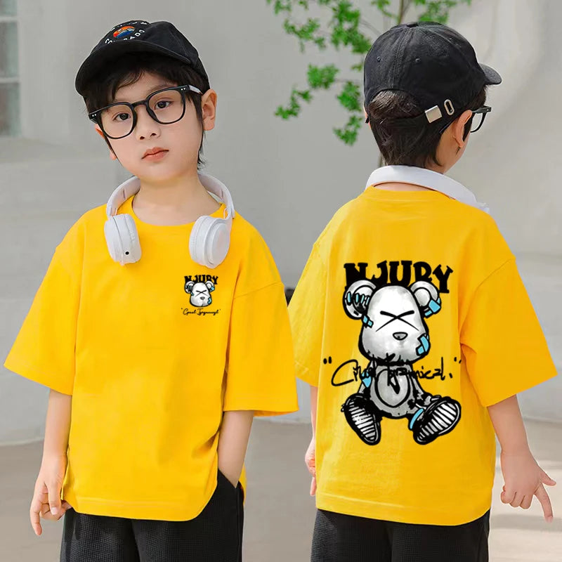 Camiseta de manga corta con estampado de oso de dibujos animados de verano para niños y niñas, camiseta 100% de algodón puro
