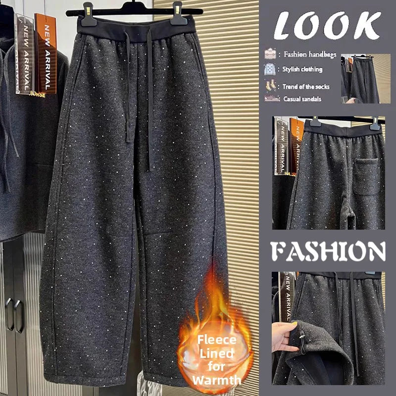 Pantalones de chándal de pierna ancha con forro polar, a la moda para principios de primavera, con empalme de diamantes, pant...