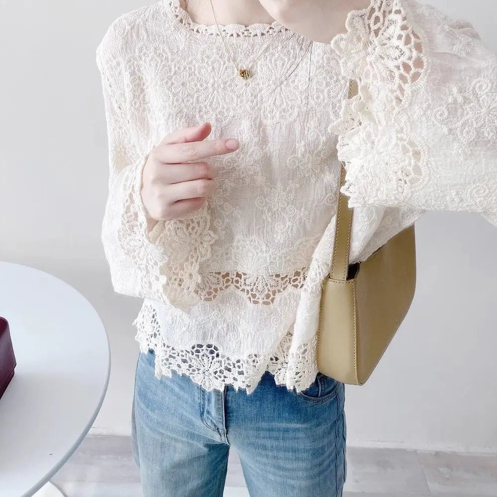 Blusas de algodón de primavera para mujer, camisas elegantes de manga larga caladas con encaje de ganchillo