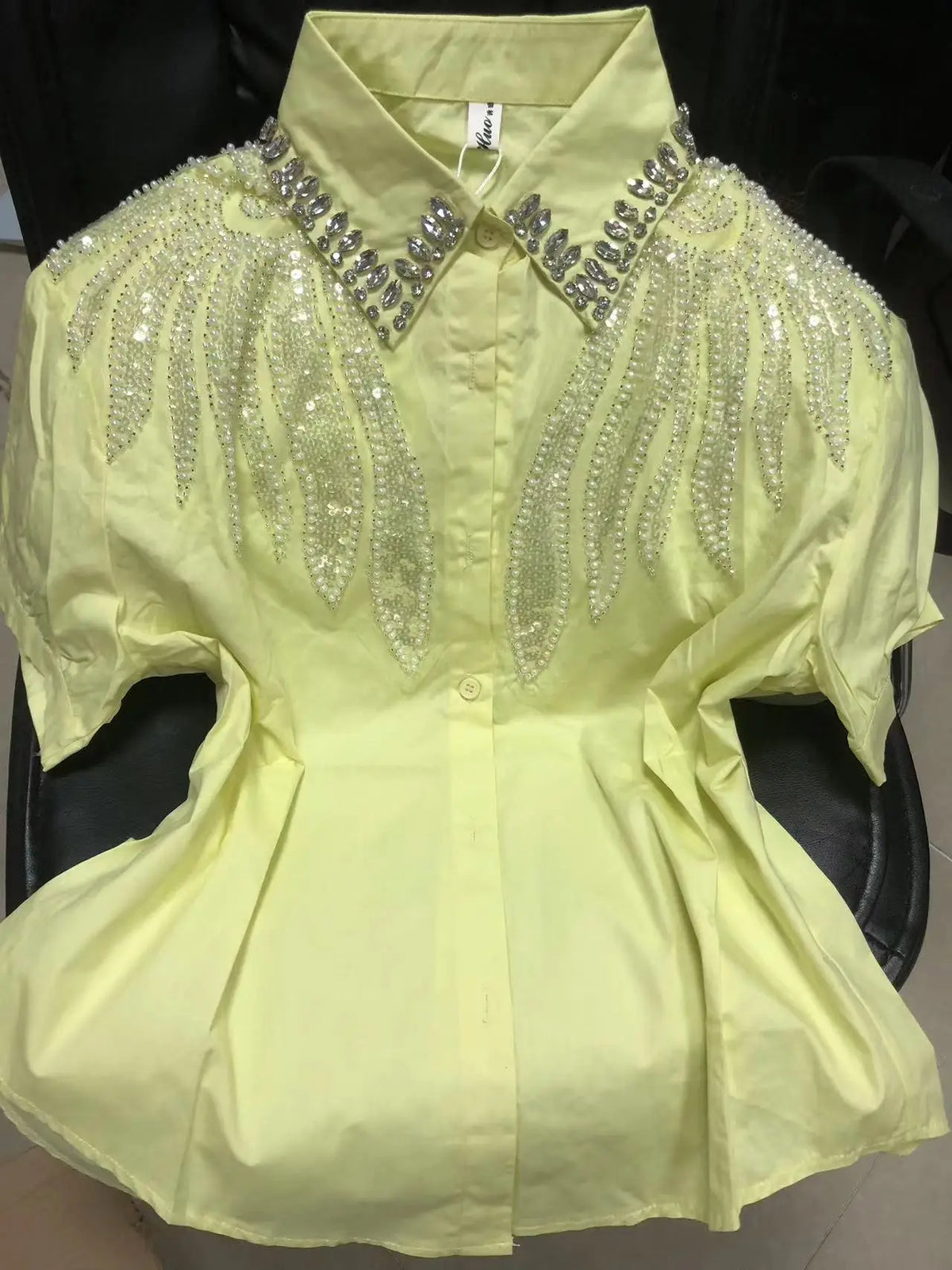 Blusas de Algodón con Cuentas y Lentejuelas Bordadas, Fotos Reales, Camisas de Mujer, Verano 2026, Manga Corta, Tops de Oficina para Dama, Camisas de Mujer