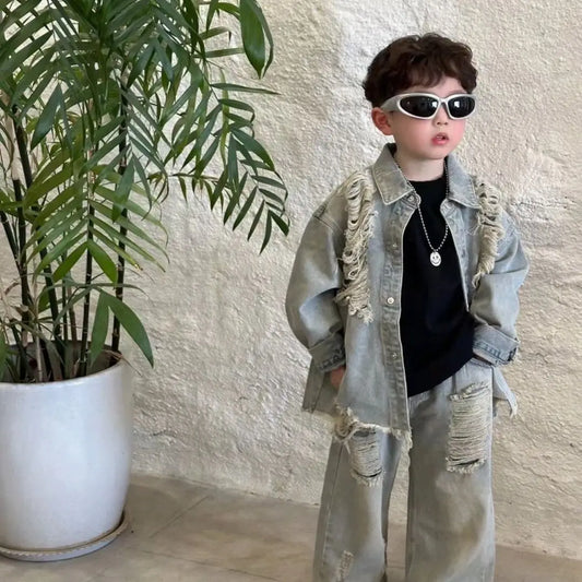 Traje de pantalón y abrigo de mezclilla retro gris con agujeros para niños de 2 a 10 años, estilo americano, nuevo, holgado, adelgazante, de cintura alta, pantalón largo hasta el suelo, primavera-otoño 2026