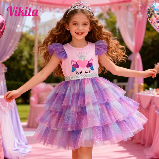 Vestido de unicornio para niñas pequeñas, rosa, morado, degradado, con purpurina, corona de tul, diseño de corazón, esponjoso, en capas, bonito, para fiesta, informal, para uso diario