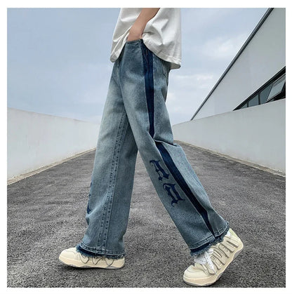 Nuevos pantalones vaqueros holgados azules con estampado de letras góticas Y2K para hombre, ropa de calle Vintage, pantalones vaqueros de pierna recta, pantalones vaqueros holgados de moda Hip Hop