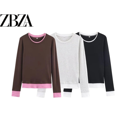 Nueva Camiseta de Manga Larga para Mujer, Corte Ajustado, Cuello Redondo, Bloques de Color, Corte Recto, Doble Capa, Estilo C...