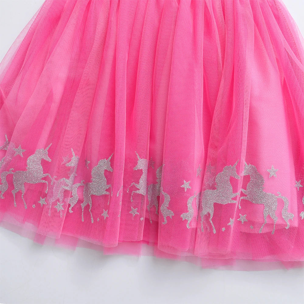 VIKITA-vestido de manga larga para niñas, azul marino, rosa, estampado de unicornio brillante, malla de tul, fiesta de fantasía, vestido elegante informal de princesa