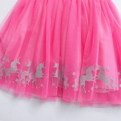 VIKITA-vestido de manga larga para niñas, azul marino, rosa, estampado de unicornio brillante, malla de tul, fiesta de fantasía, vestido elegante informal de princesa