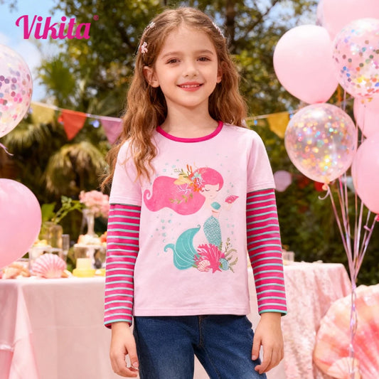 VIKITA 2025 nueva ropa para niños, camisetas de manga larga rosas a rayas para niñas, camisetas bonitas informales de algodón con estampado de sirena para uso diario