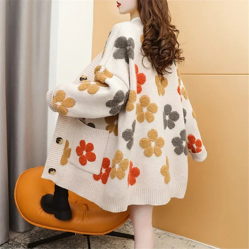 Knit Cardigan Women Sweater Print Floral V Neck Long Sleeved Sweaters Button Pockets Elegant Loose Coats Autumn Winter