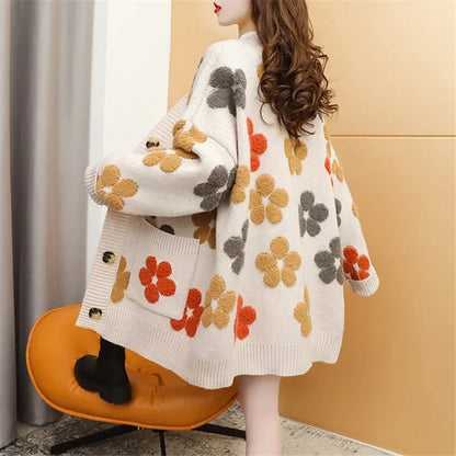Knit Cardigan Women Sweater Print Floral V Neck Long Sleeved Sweaters Button Pockets Elegant Loose Coats Autumn Winter