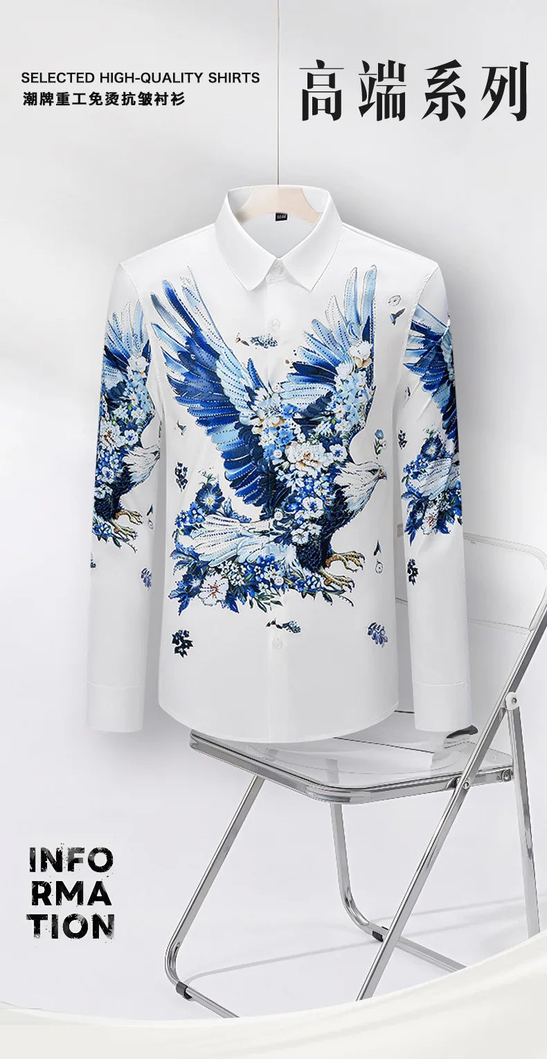 Camisa de lujo con estampado 3D de diamantes de imitación para hombre, camisas informales de manga larga para otoño e invierno, trajes de espectáculo escénico para fiesta de banquete Social