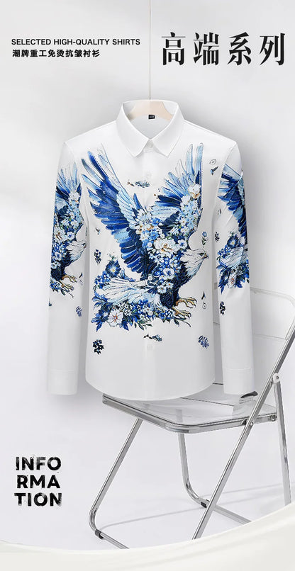 Camisa de lujo con estampado 3D de diamantes de imitación para hombre, camisas informales de manga larga para otoño e invierno, trajes de espectáculo escénico para fiesta de banquete Social