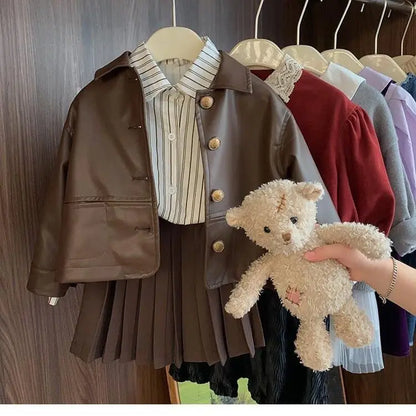 Conjunto de tres piezas para niña, abrigo a la moda, camisa elegante, Falda corta, novedad de otoño, 2024