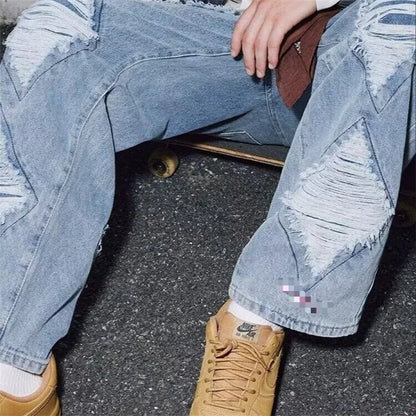 Pantalones Vaqueros Anchos Rotos de Moda Urbana para Hombre, Estilo Americano Casual Retro, Pierna Recta, Denim, Hip Hop, Desgastados, Y2K