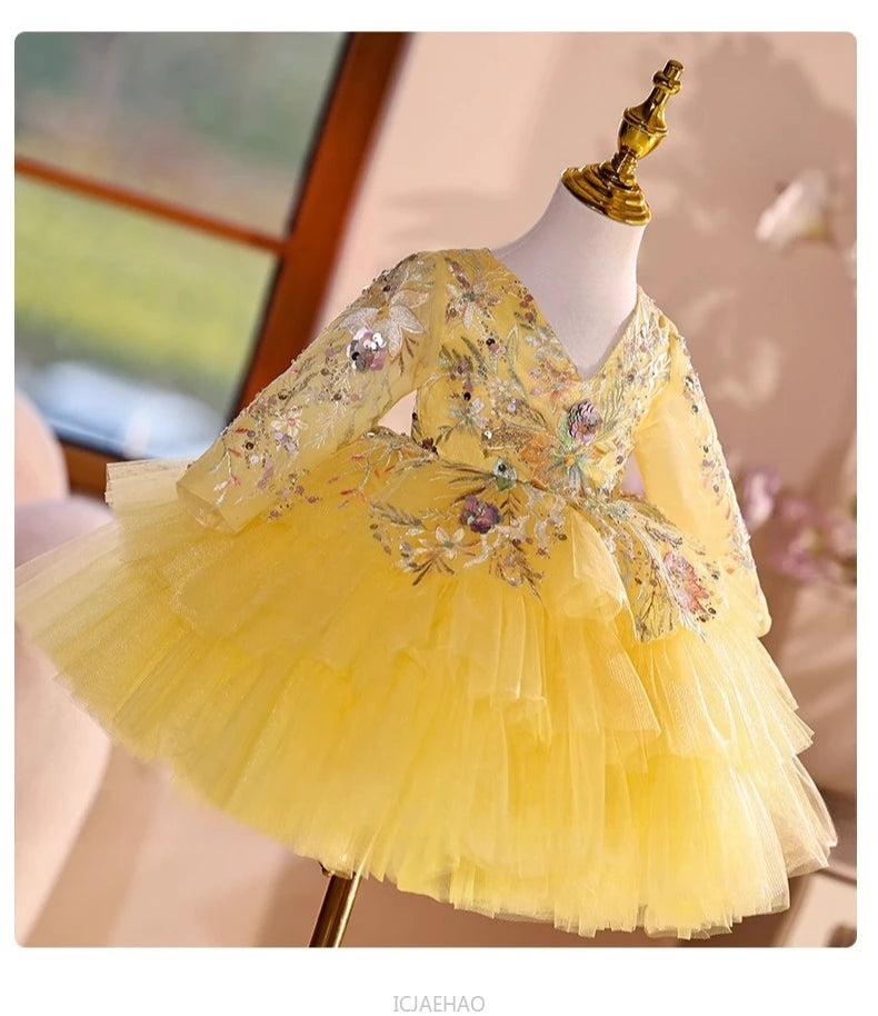 2025 Vestido de fiesta Vestido niños niñas vestidos de novia amarillos disfraz niños flor niña desfile Piano actuación tutú traje