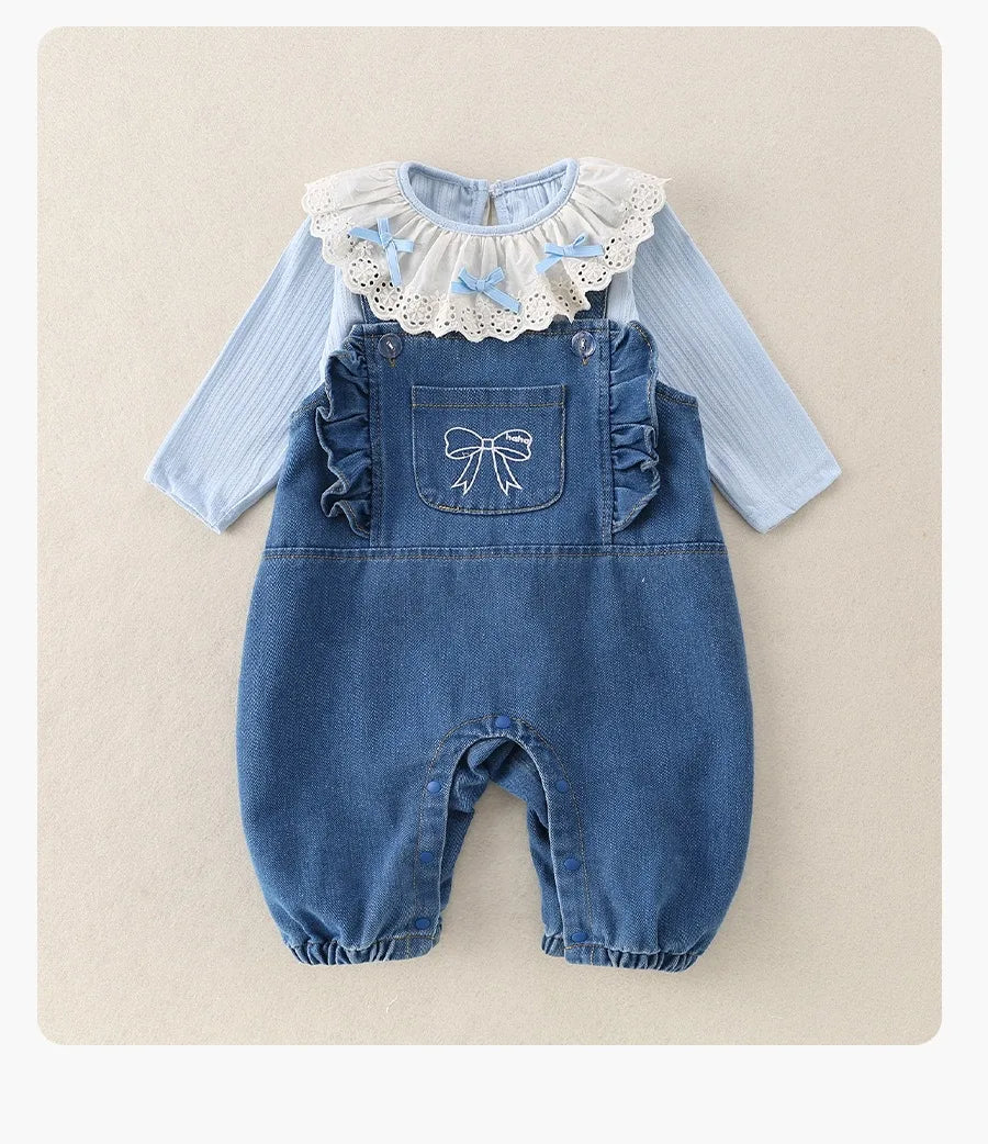 Conjunto de 2 piezas de lujo coreano para niña, conjunto de camiseta y camiseta a la moda con cuello de encaje, pelele elegante de Estilo Princesa, traje de otoño