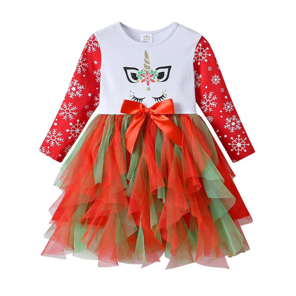 VIKITA Vestido navideño de unicornio para niñas, vestido tutú con estampado de copos de nieve de manga larga para niños con falda de tul escalonada roja y verde para Navidad