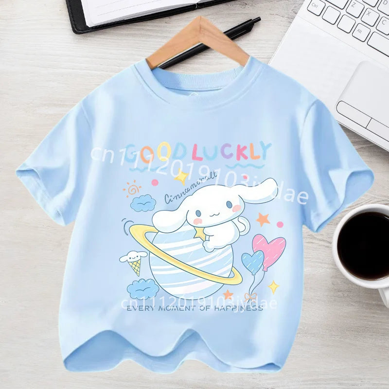 Camiseta de Manga Corta para Niños, Estilo Urbano, Verano 2026, Ropa Casual, Regalo Kawaii, Linda Camiseta de Cinnamoroll para Niña, Camiseta de Algodón con Estampado de Anime