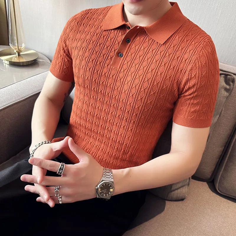 Polo de manga corta de punto Jacquard para hombre, camiseta de Golf con solapa de moda, ajustada, nueva