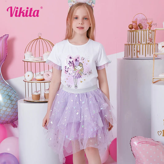 VIKITA-minifaldas con apliques de lentejuelas y mariposas para niña, vestido de fiesta de princesa, color morado, Irregular