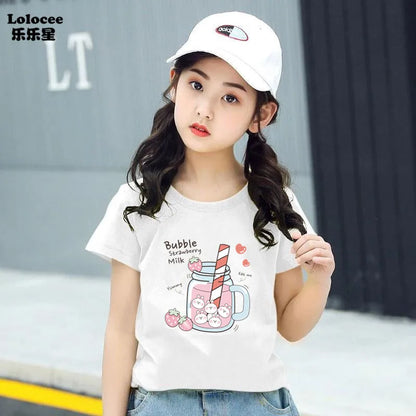 Camiseta bonita de dibujos animados de batido de leche de fresa para niñas, camisetas rosas con gráfico de manga corta para niños