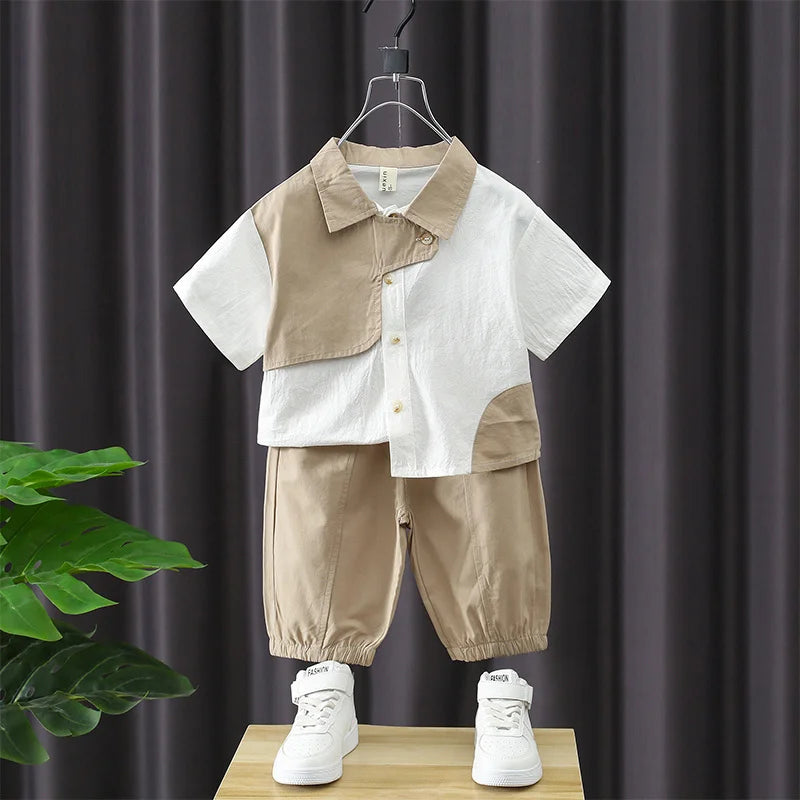 Conjunto de Verano de Algodón para Adolescentes, Niños, 2026, Camisa de Manga Corta Delgada + Pantalones Largos, Conjunto de 2 Piezas para Niños, Elegante, para Fiesta de Cumpleaños