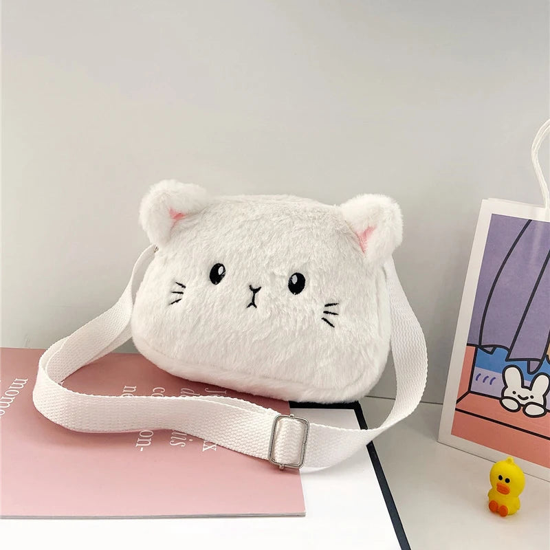 Bolso de hombro de felpa suave para niños, bolsos cruzados peludos, monedero, lindo, Gato de dibujos animados, moda de invierno