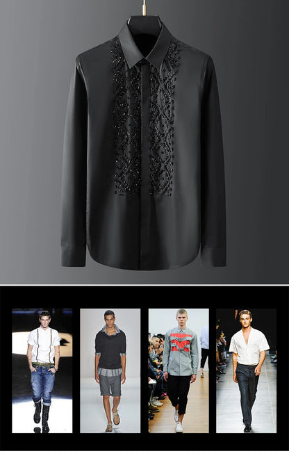 Camisa de lujo hecha a mano con cuentas para hombre, camisas de vestir informales ajustadas de manga larga para negocios, fiesta Social, banquete, escenario, estrella, ropa para hombre