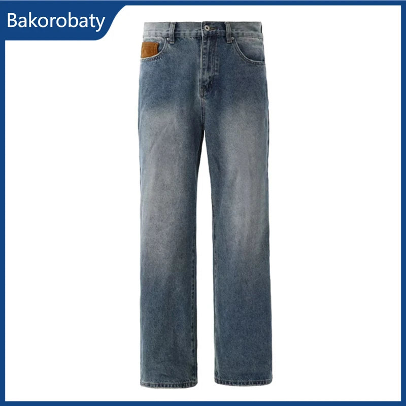 Jeans de pierna recta con parches azules vintage de verano 2026 para hombre, pantalones vaqueros casuales americanos con bolsillos marrones, estilo Y2K, streetwear