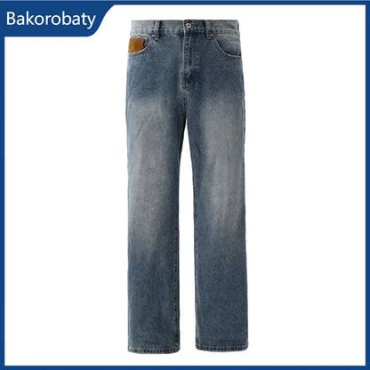 Jeans de pierna recta con parches azules vintage de verano 2026 para hombre, pantalones vaqueros casuales americanos con bolsillos marrones, estilo Y2K, streetwear