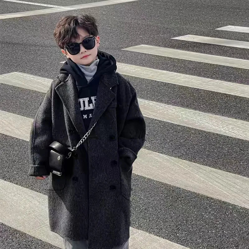 Ropa Infantil Coreana, Abrigo de Lana de Doble Cara para Niños y Niñas, Abrigo Largo de Lana Coreana, Abrigo de Algodón Imitación de Doble Cara