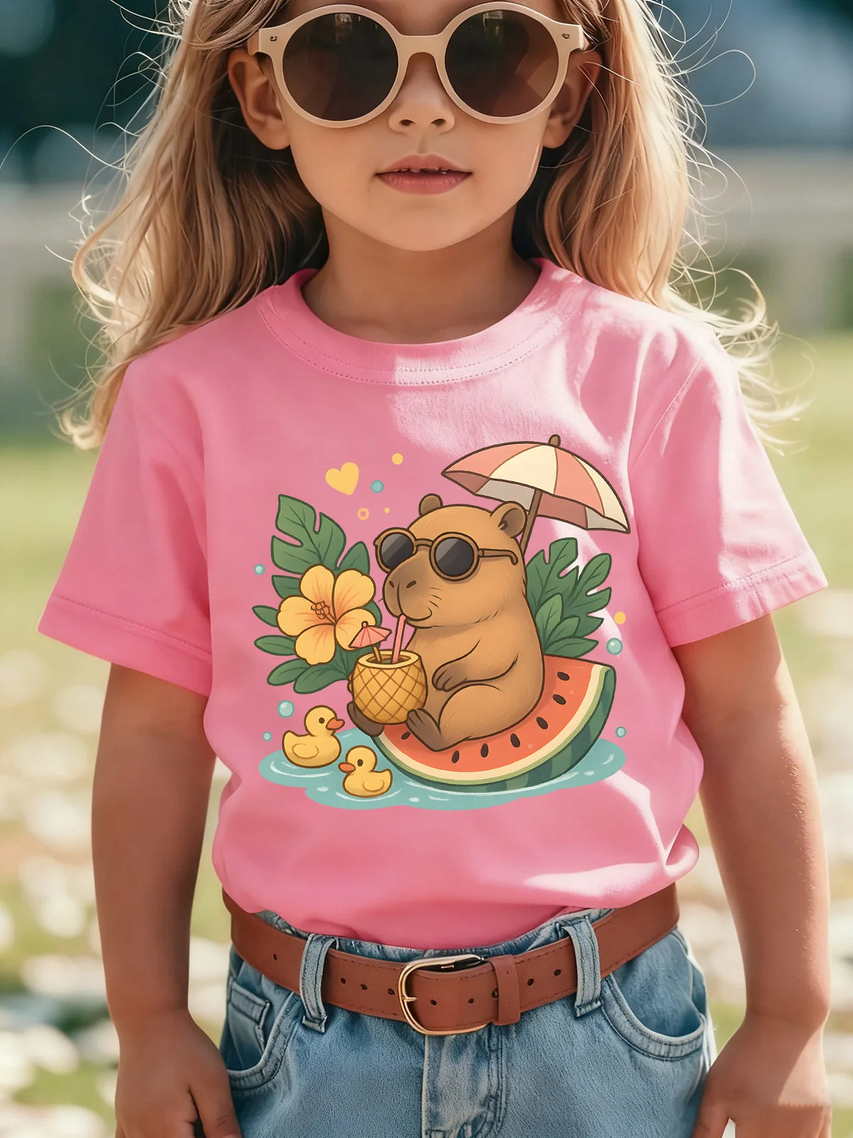 Camiseta para niños, camiseta de algodón morada para niñas, camiseta informal de manga corta con estampado de Capibara, ropa para niños, camiseta para niñas