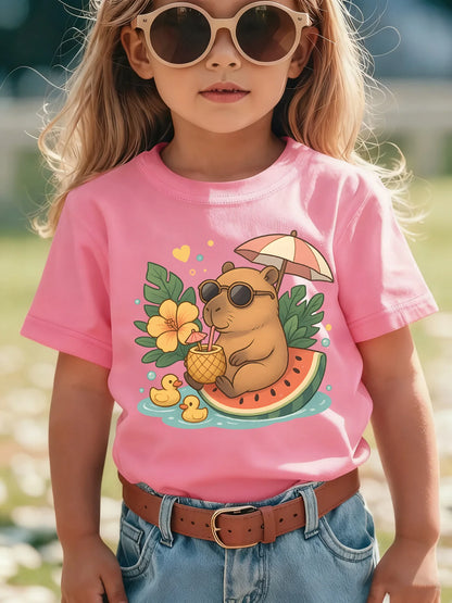 Camiseta para niños, camiseta de algodón morada para niñas, camiseta informal de manga corta con estampado de Capibara, ropa para niños, camiseta para niñas