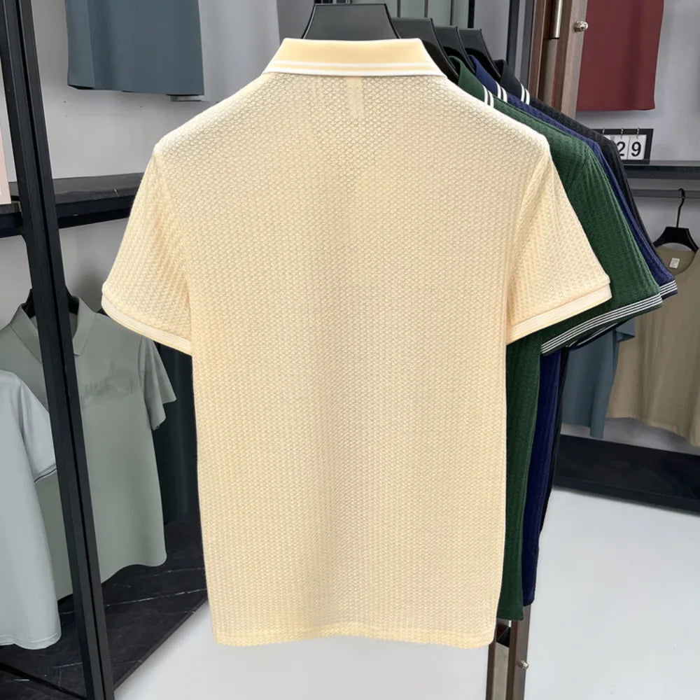 Nueva Camiseta Polo de Verano para Hombre |   Cuello en V con Rayas |   Camiseta de Manga Corta, Transpirable y Ajustada