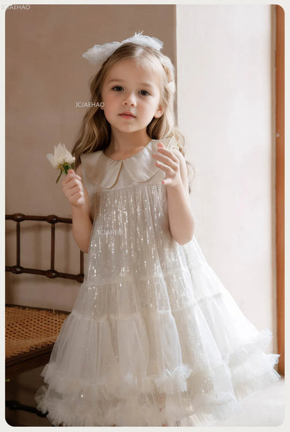 Nuevo vestido de fiesta para niñas, vestido de princesa de tul sin mangas con cuello Peter Pan para actuaciones de Piano, banquete, desfile Formal