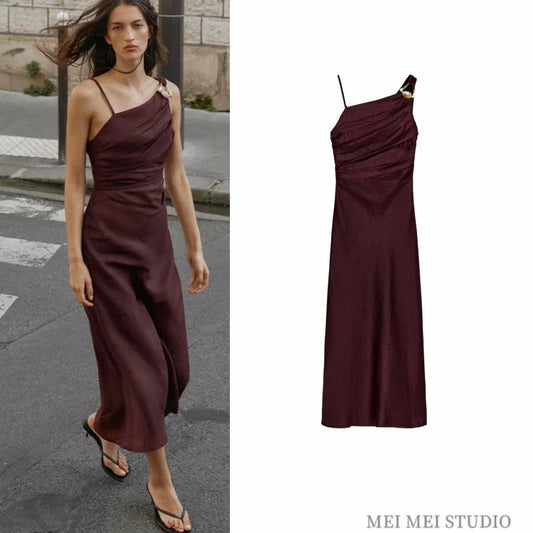 Vestido Midi Elegante para Mujer – Diseño Asimétrico, Tirante Delgado y Estilo Moderno