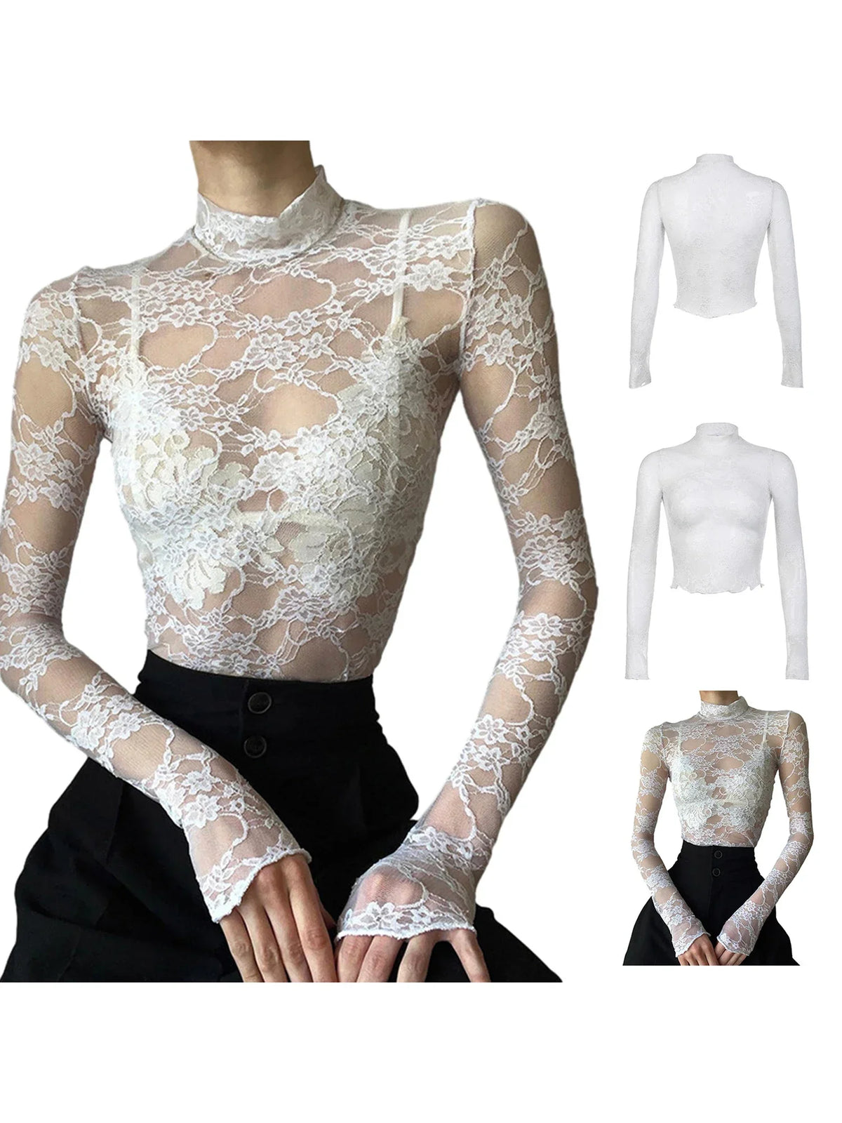 Blusa Elegante para Mujer – Encaje Floral, Manga Larga y Diseño Transparente