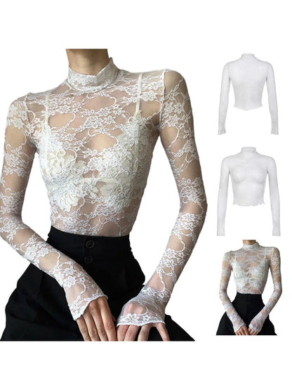 Blusa Elegante para Mujer – Encaje Floral, Manga Larga y Diseño Transparente
