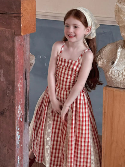 NOVEDAD DE VERANO 2025 vestido largo de hadas para niñas vestido de tirantes de encaje empalmado de encaje a cuadros rojo francés