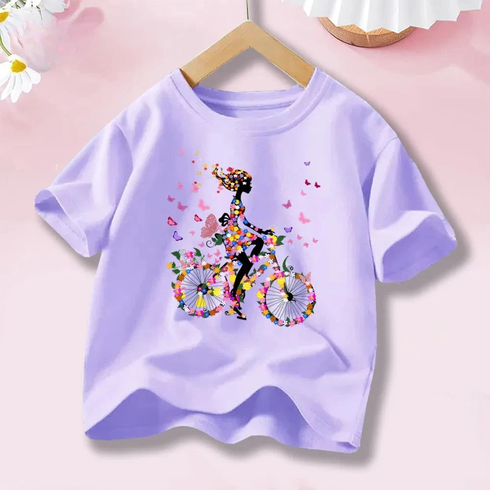 Camiseta de algodón de manga corta con estampado personalizado de mariposa y bicicleta para niña, moda de verano para niños