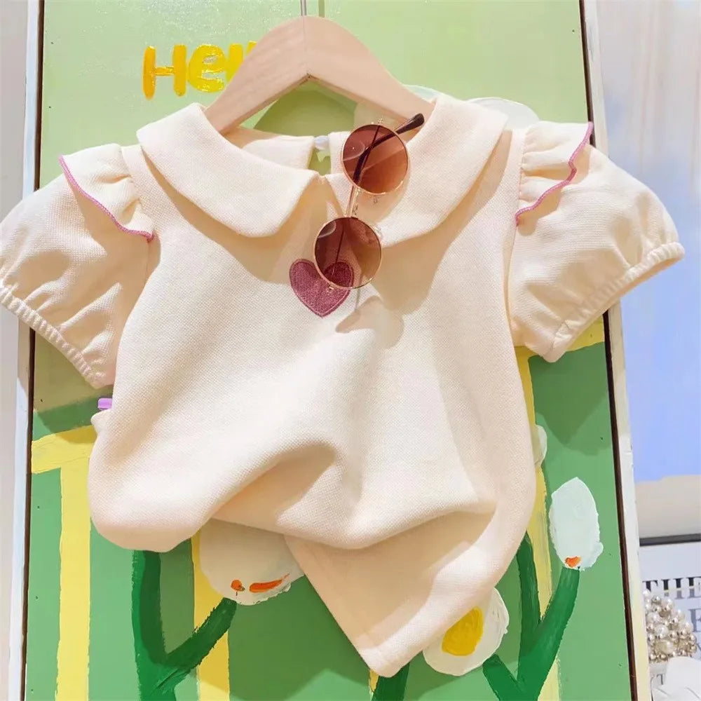 Conjunto de ropa de moda para chicas, novedad de verano, camiseta con cuello de muñeca con estampado de bordado de corazón + Pantalones cortos, traje de 2 uds para niños de 3 4 5 6 8 años