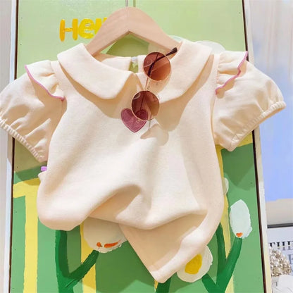 Conjunto de ropa de moda para chicas, novedad de verano, camiseta con cuello de muñeca con estampado de bordado de corazón + Pantalones cortos, traje de 2 uds para niños de 3 4 5 6 8 años
