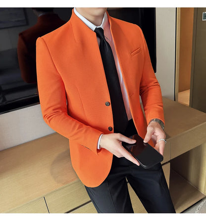 Chaqueta de traje con cuello levantado de alta calidad para hombre, chaquetas de negocios informales, abrigo coreano con gofres para boda, novio, banquete, vestido de fiesta, 2025