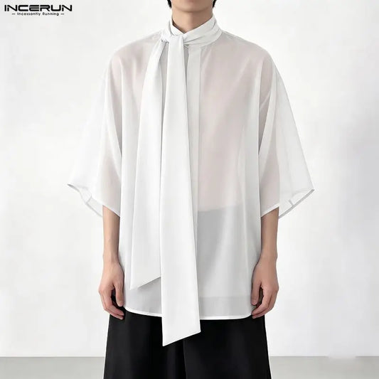 INCERUN Men's Shirt Mesh See Through Solid Color Half Sleeve Men Clothes Loose Streetwear Summer 2026 Fashion Casual Tops Shirts