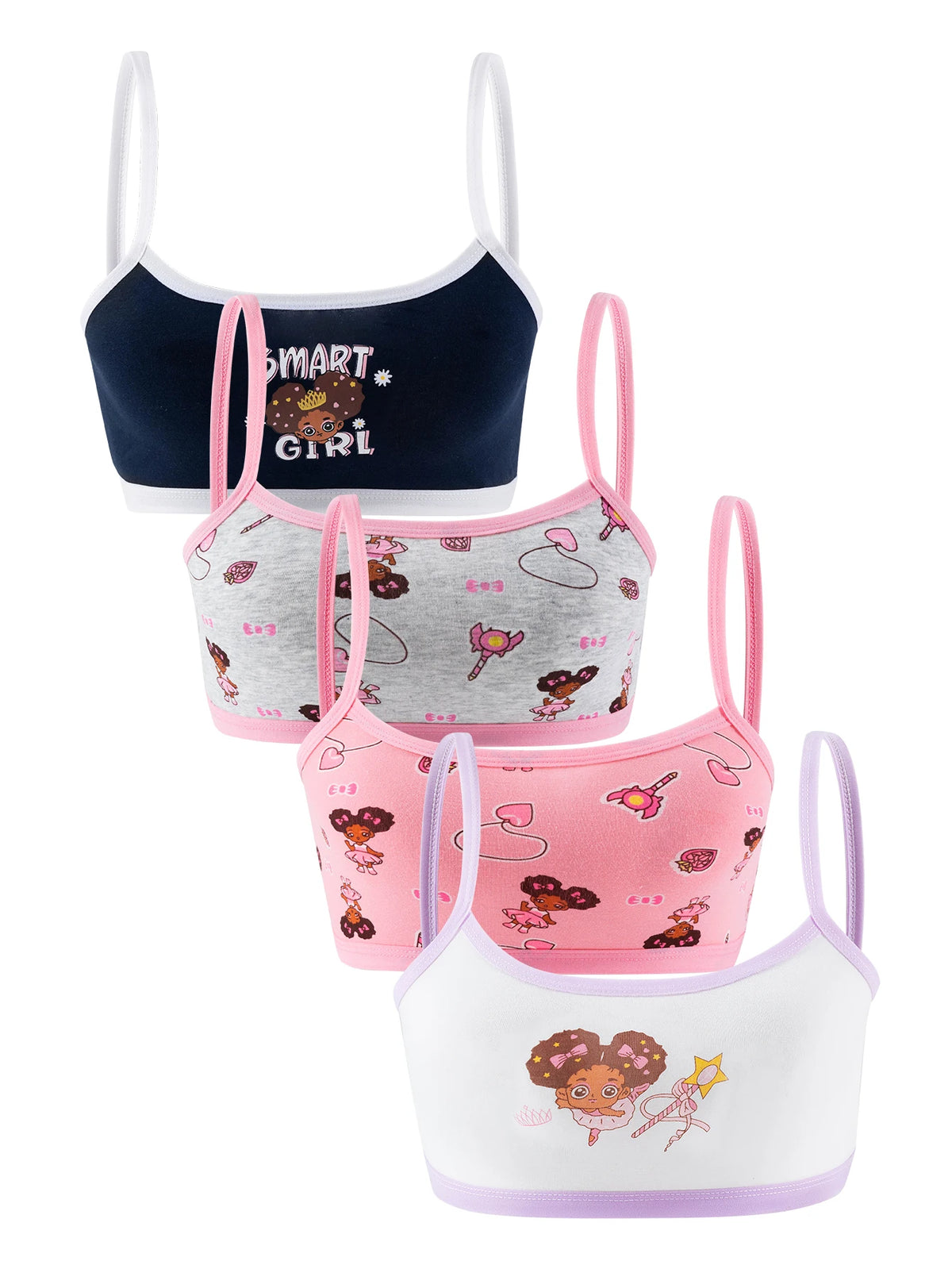 4 piezas de sujetadores de entrenamiento para niñas, ropa interior para niñas, chalecos pequeños, cómodos, sencillos y modernos, con estampado de dibujos animados, colorido.