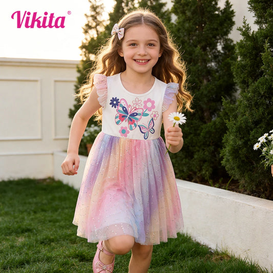 VIKITA Vestido de tul con flores y mariposas para niñas, manga con volantes, brillo de verano, colorido degradado, para fiesta, vacaciones, ropa informal