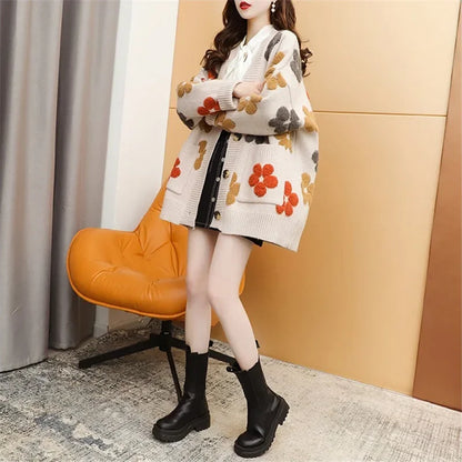 Knit Cardigan Women Sweater Print Floral V Neck Long Sleeved Sweaters Button Pockets Elegant Loose Coats Autumn Winter