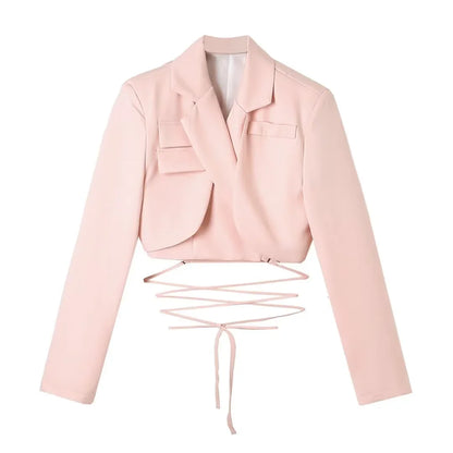 Early Autumn Women's Cross-Belted Slim Fit Short Suit Jacket Fashionable Business Casual Style Long Sleeve Commute Friendly