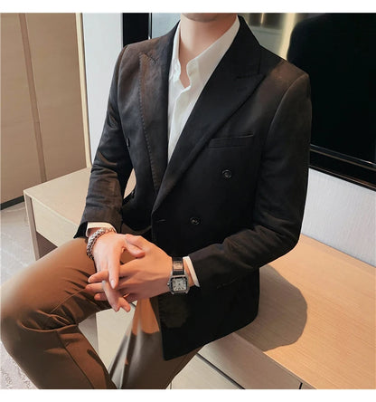 Chaqueta de ante con botones de doble botonadura para hombre, traje de negocios informal, ropa de calle Social, otoño e invierno, 2023