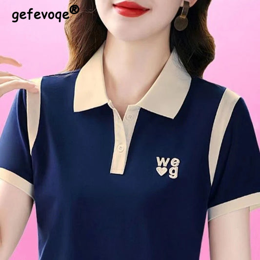 Ropa de mujer, moda coreana de verano 2024, Polo de manga corta con contraste de Color, camisetas deportivas elegantes con botones y Bordado de letras