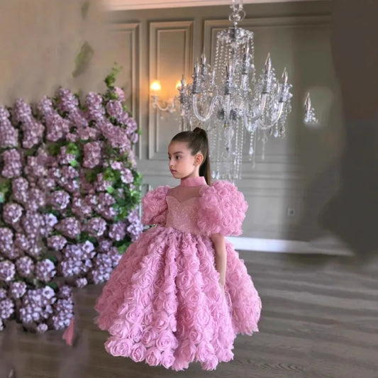 Nuevo vestido para niñas con flores en 3D, vestido de princesa francesa para niños, moda para desfile de pasarela, fiesta, cumpleaños, boda, ropa de noche